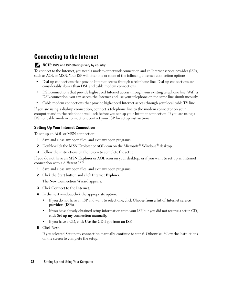 Connecting to the internet, Setting up your internet connection | Dell XPS 210 User Manual | Page 22 / 136