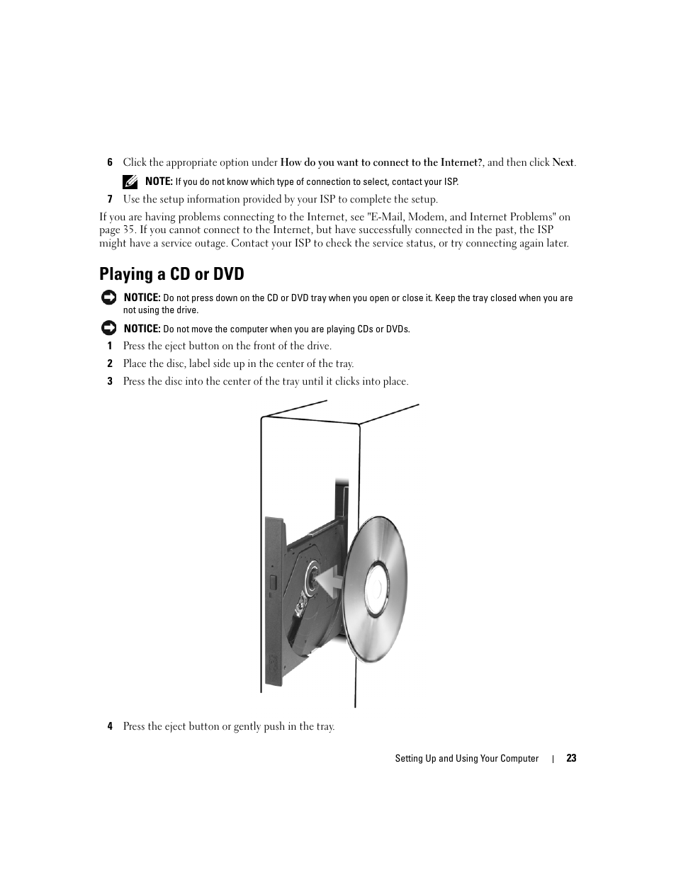 Playing a cd or dvd | Dell XPS 210 User Manual | Page 23 / 136