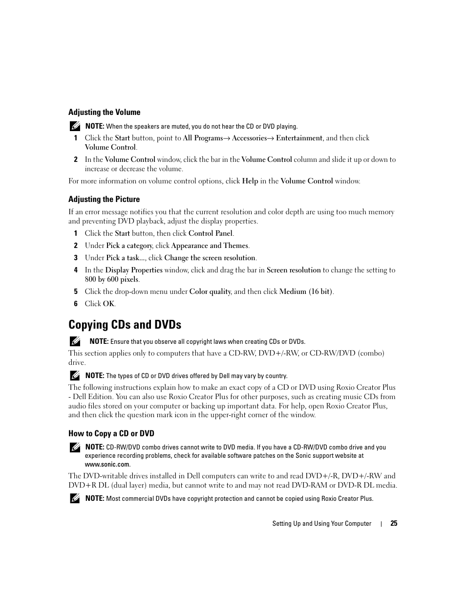 Adjusting the volume, Adjusting the picture, Copying cds and dvds | How to copy a cd or dvd | Dell XPS 210 User Manual | Page 25 / 136