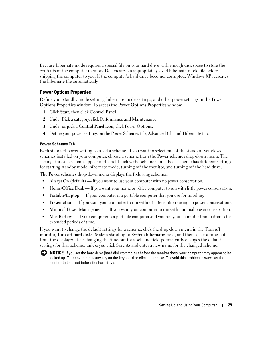 Power options properties | Dell XPS 210 User Manual | Page 29 / 136