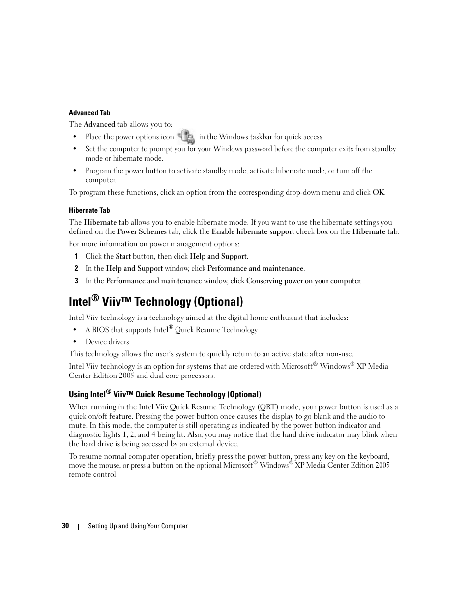 Intel® viiv™ technology (optional), Intel, Using intel | Viiv™ technology (optional) | Dell XPS 210 User Manual | Page 30 / 136