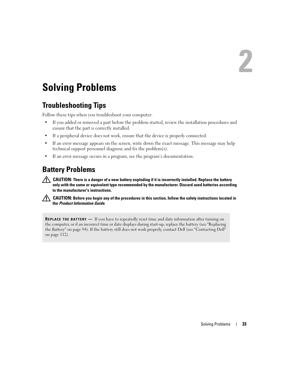 Solving problems, Troubleshooting tips, Battery problems | Dell XPS 210 User Manual | Page 33 / 136