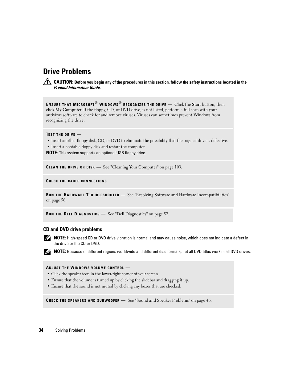 Drive problems, Cd and dvd drive problems | Dell XPS 210 User Manual | Page 34 / 136
