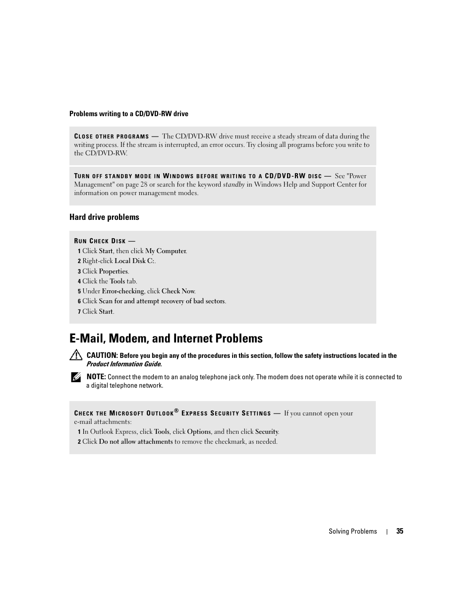 Hard drive problems, E-mail, modem, and internet problems | Dell XPS 210 User Manual | Page 35 / 136