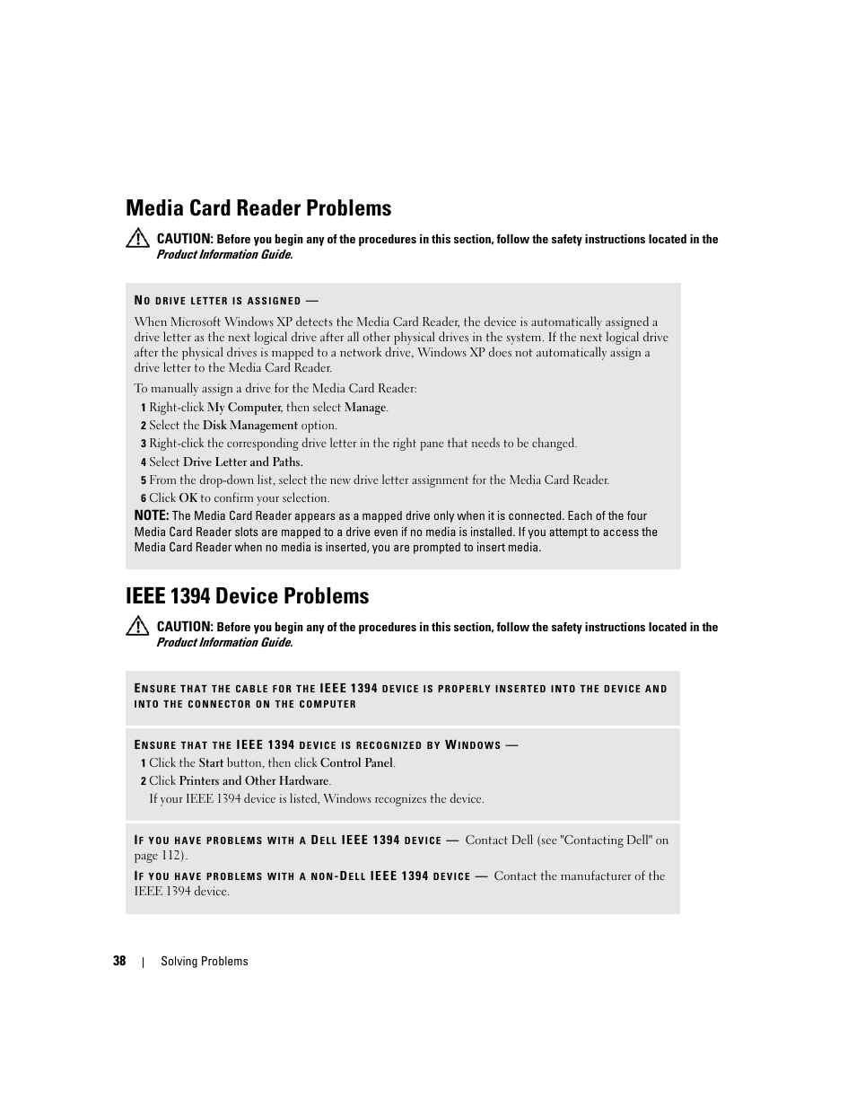 Media card reader problems, Ieee 1394 device problems | Dell XPS 210 User Manual | Page 38 / 136