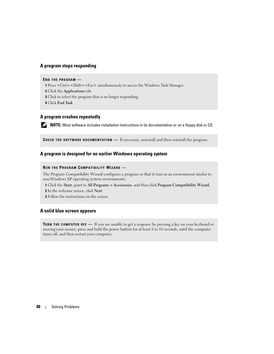 A program stops responding, A program crashes repeatedly, A solid blue screen appears | Dell XPS 210 User Manual | Page 40 / 136