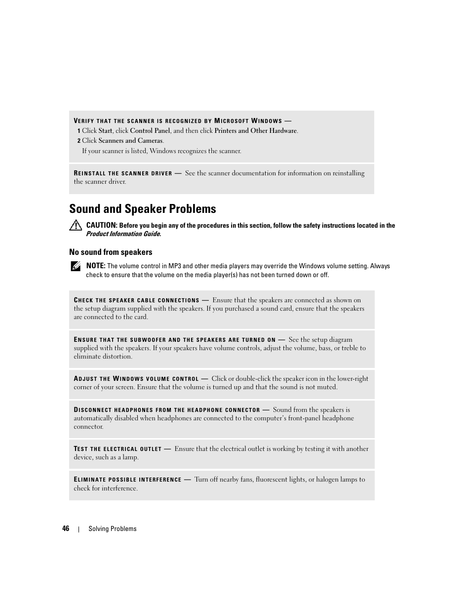 Sound and speaker problems, No sound from speakers | Dell XPS 210 User Manual | Page 46 / 136