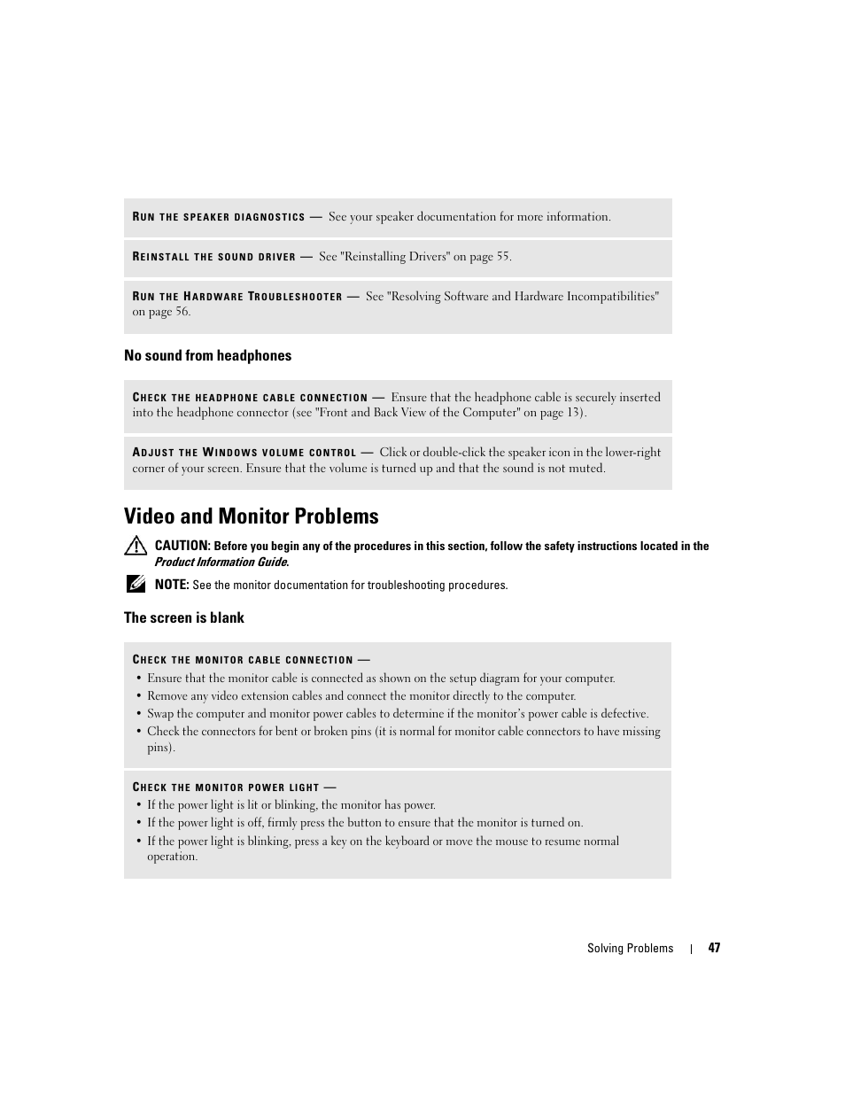 No sound from headphones, Video and monitor problems, The screen is blank | Dell XPS 210 User Manual | Page 47 / 136