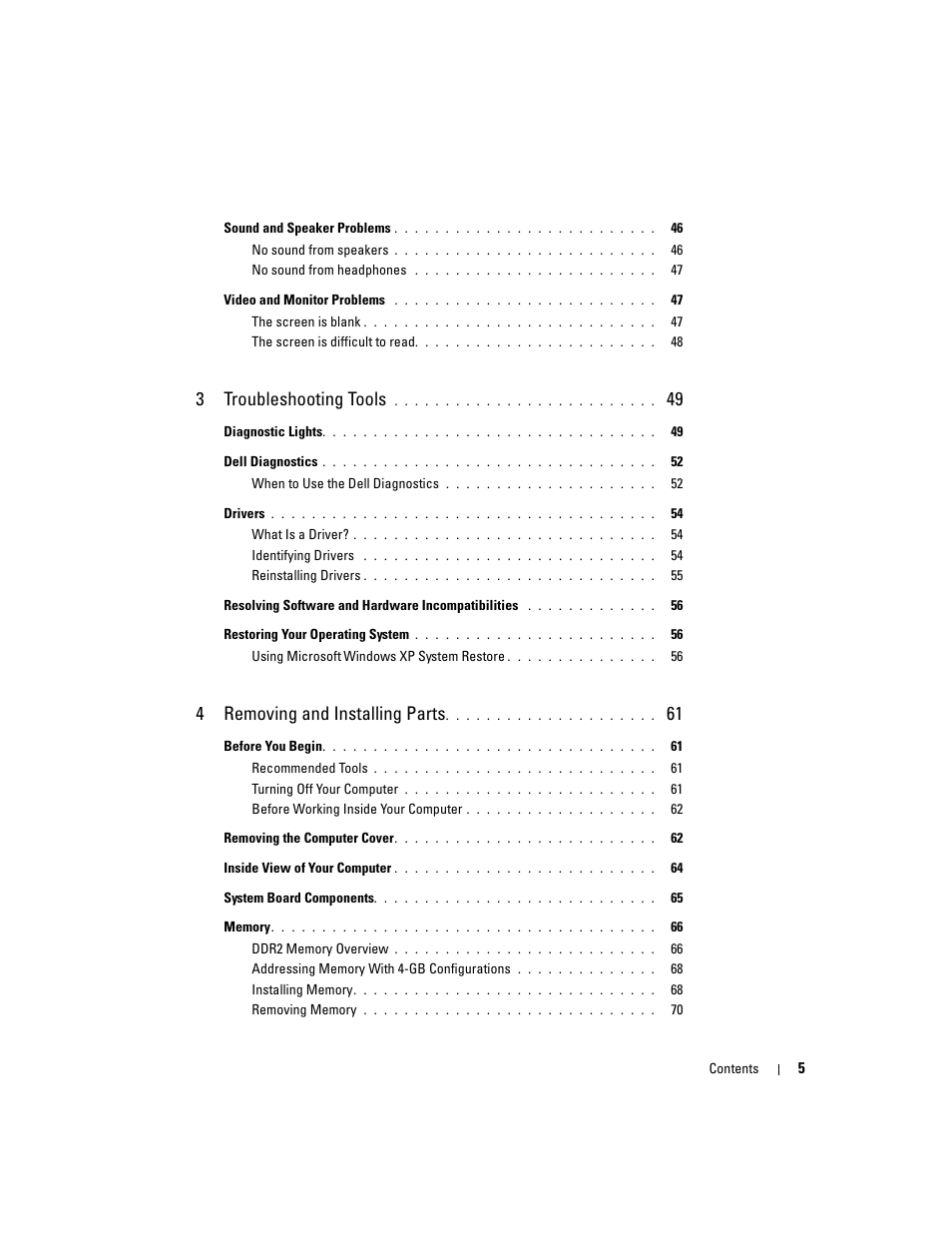 3troubleshooting tools, 4removing and installing parts | Dell XPS 210 User Manual | Page 5 / 136