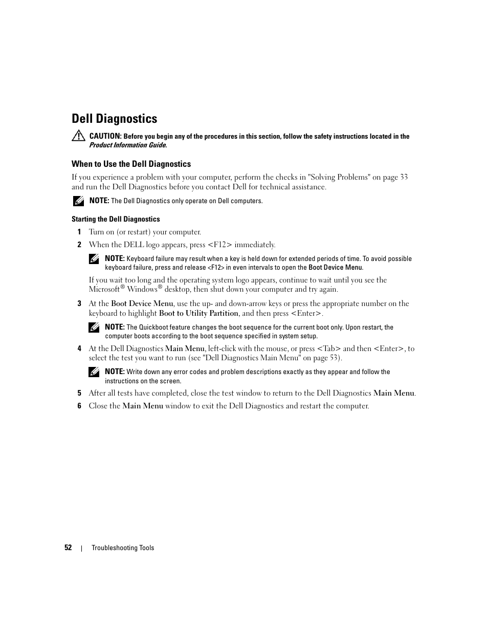 Dell diagnostics, When to use the dell diagnostics | Dell XPS 210 User Manual | Page 52 / 136