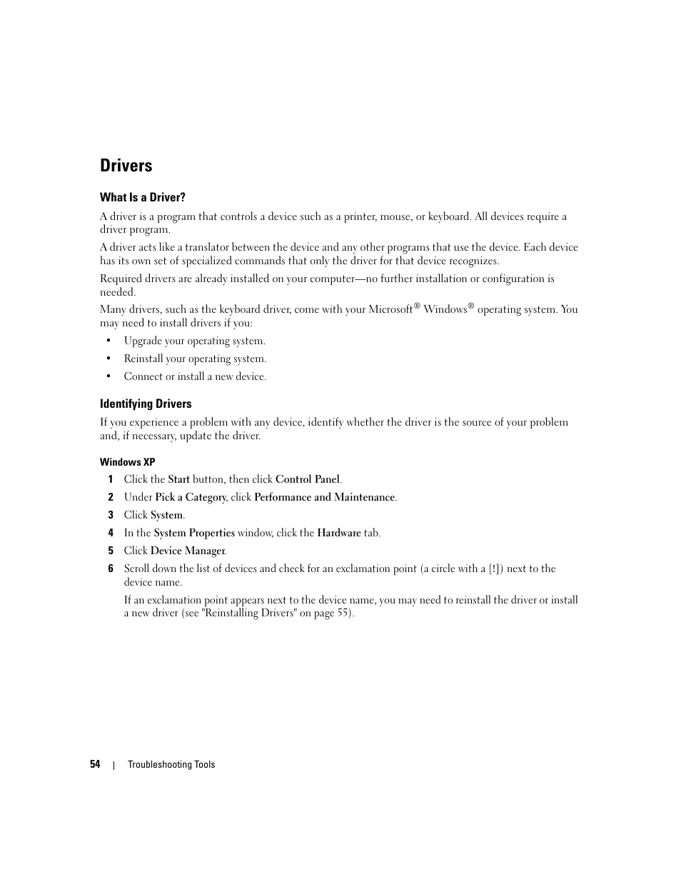 Drivers, What is a driver, Identifying drivers | Dell XPS 210 User Manual | Page 54 / 136