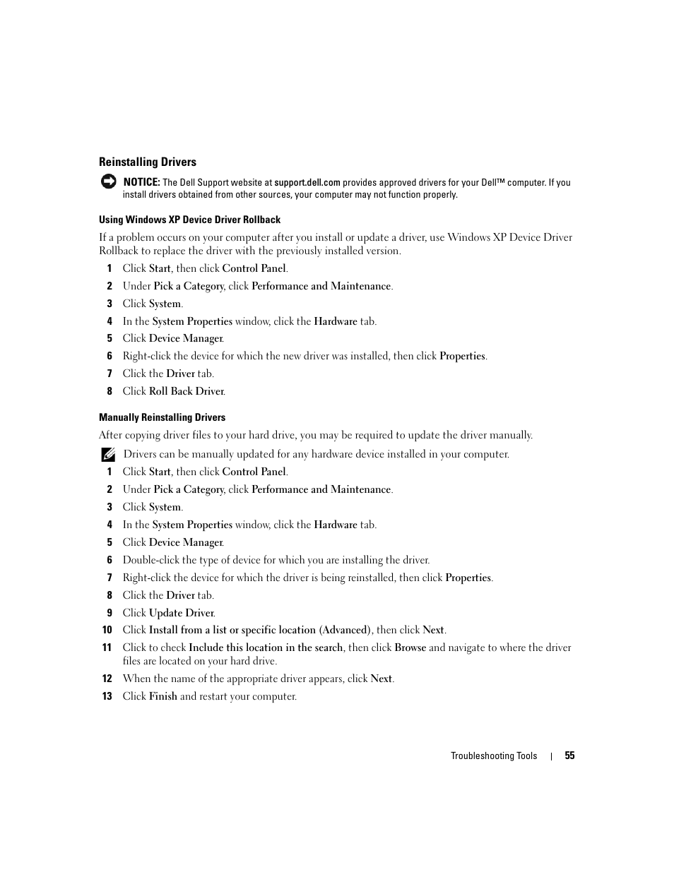 Reinstalling drivers | Dell XPS 210 User Manual | Page 55 / 136