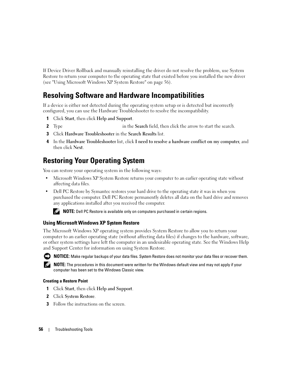 Resolving software and hardware incompatibilities, Restoring your operating system, Using microsoft windows xp system restore | Using microsoft | Dell XPS 210 User Manual | Page 56 / 136