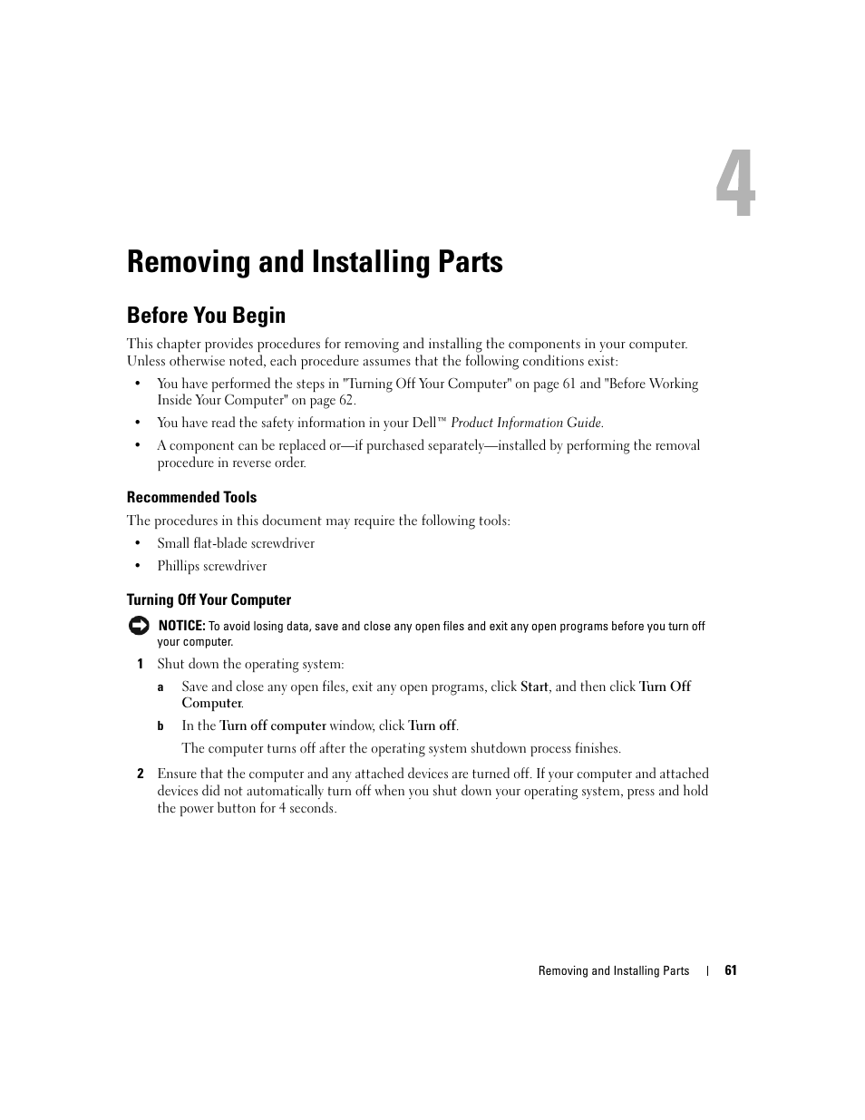 Removing and installing parts, Before you begin, Recommended tools | Turning off your computer | Dell XPS 210 User Manual | Page 61 / 136