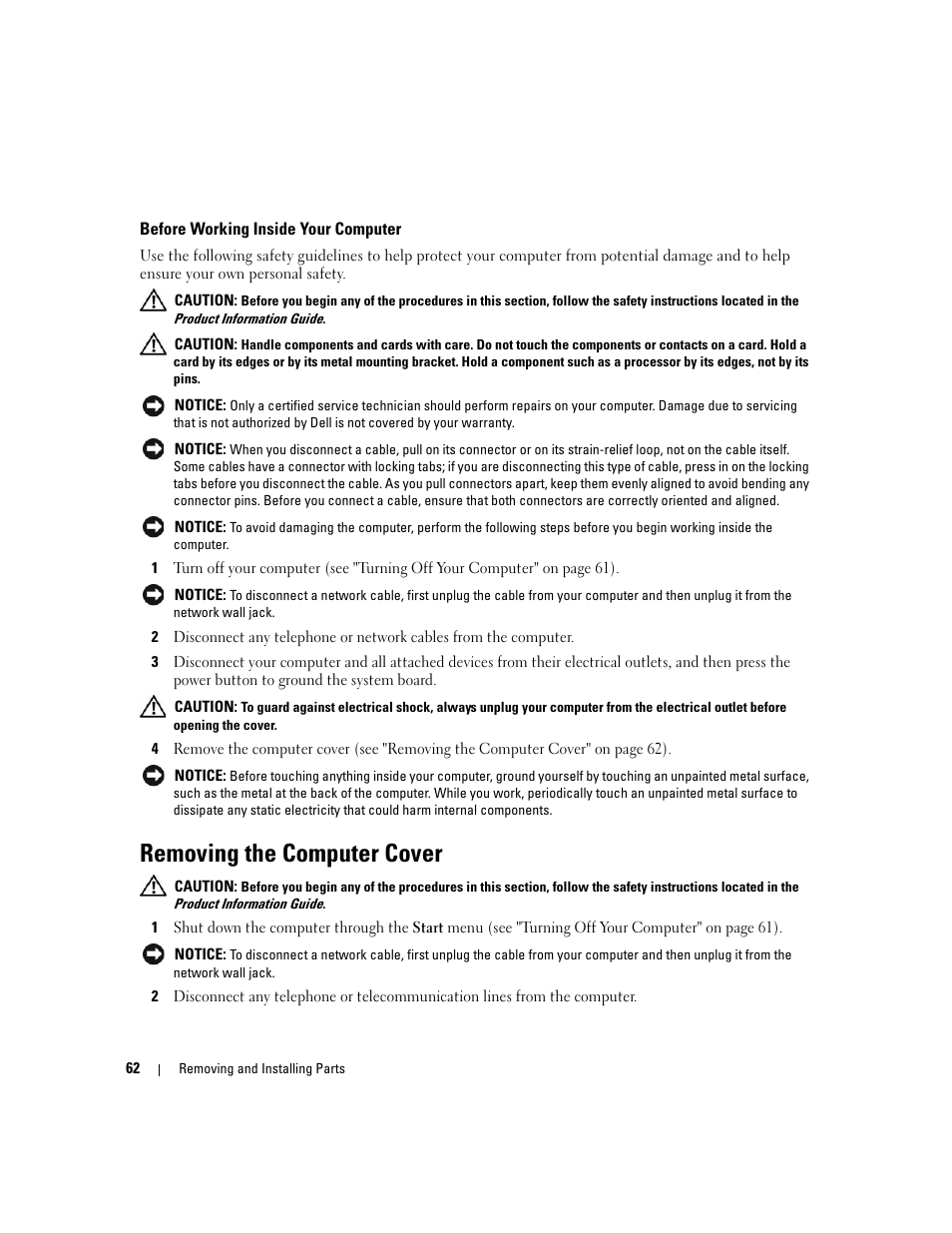 Before working inside your computer, Removing the computer cover | Dell XPS 210 User Manual | Page 62 / 136