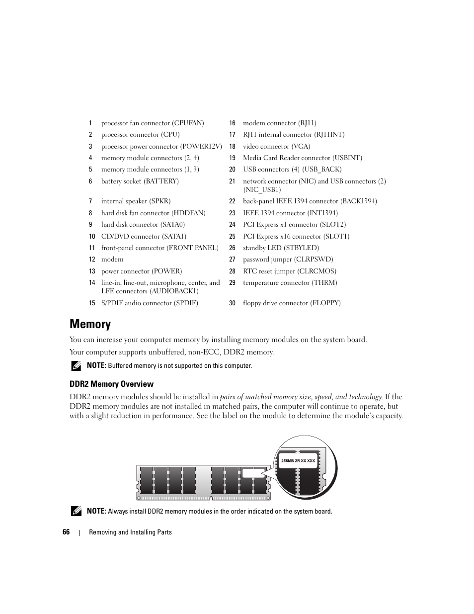 Memory, Ddr2 memory overview | Dell XPS 210 User Manual | Page 66 / 136