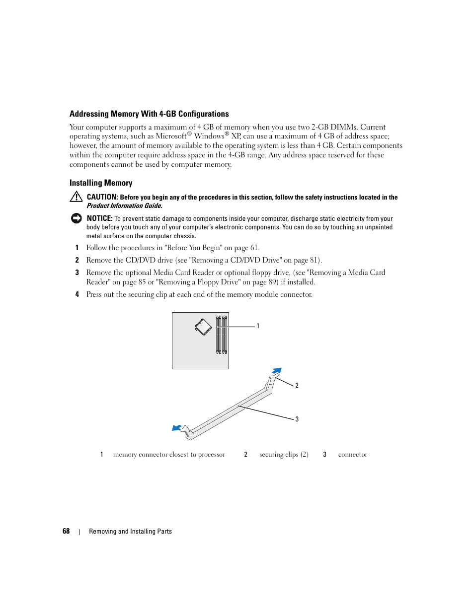 Addressing memory with 4-gb configurations, Installing memory | Dell XPS 210 User Manual | Page 68 / 136