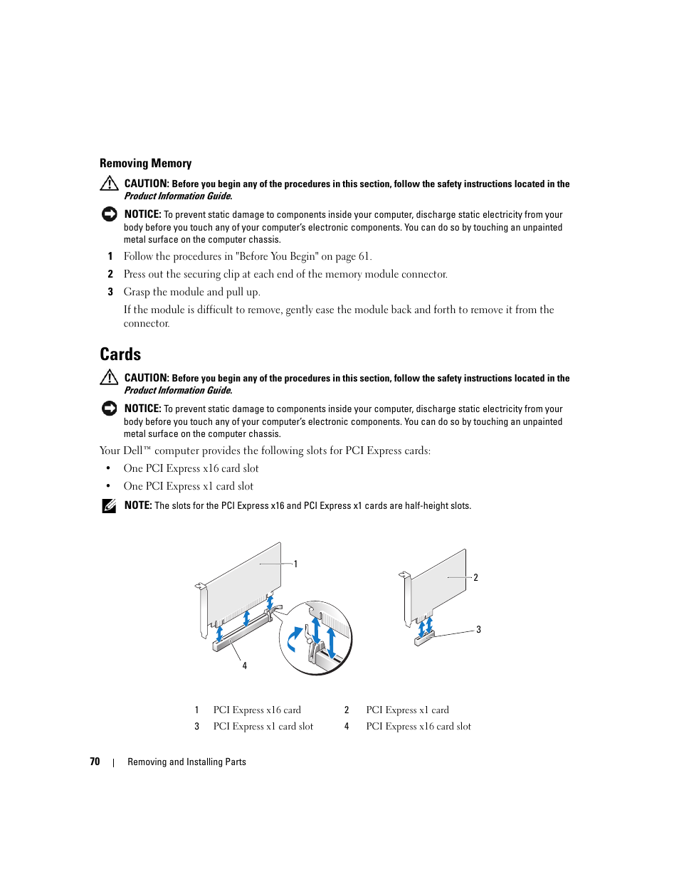 Removing memory, Cards | Dell XPS 210 User Manual | Page 70 / 136