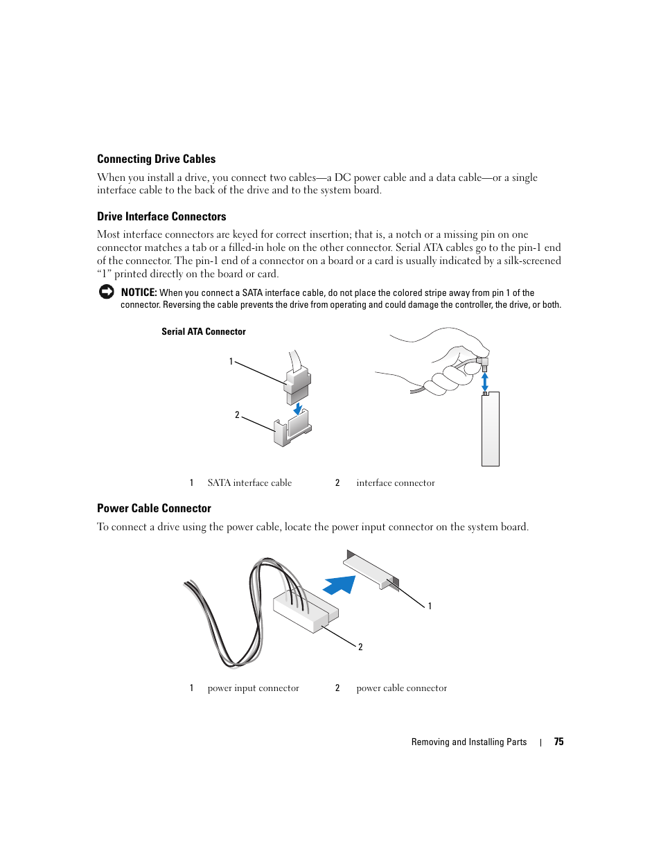 Connecting drive cables, Drive interface connectors, Power cable connector | Dell XPS 210 User Manual | Page 75 / 136