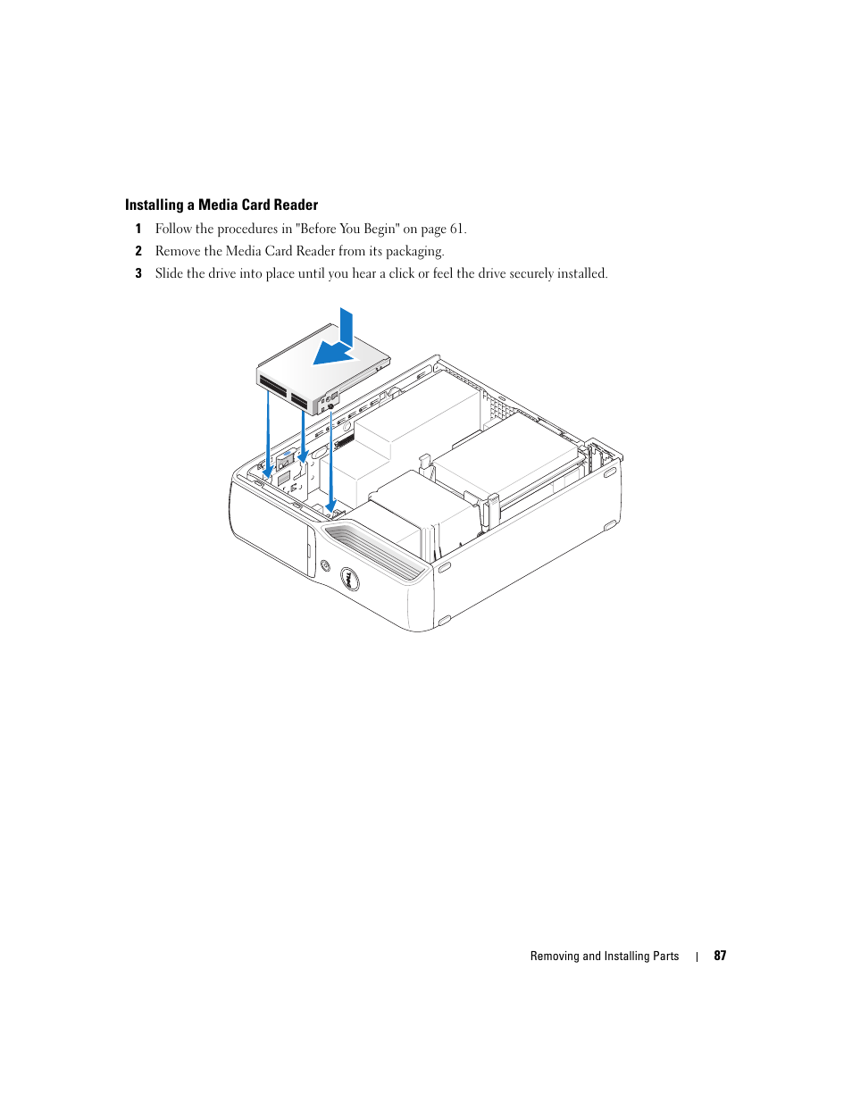 Installing a media card reader | Dell XPS 210 User Manual | Page 87 / 136