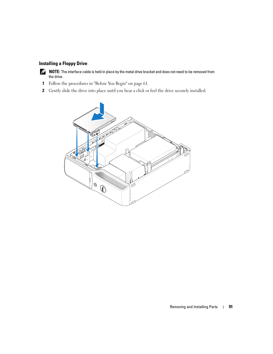 Installing a floppy drive | Dell XPS 210 User Manual | Page 91 / 136