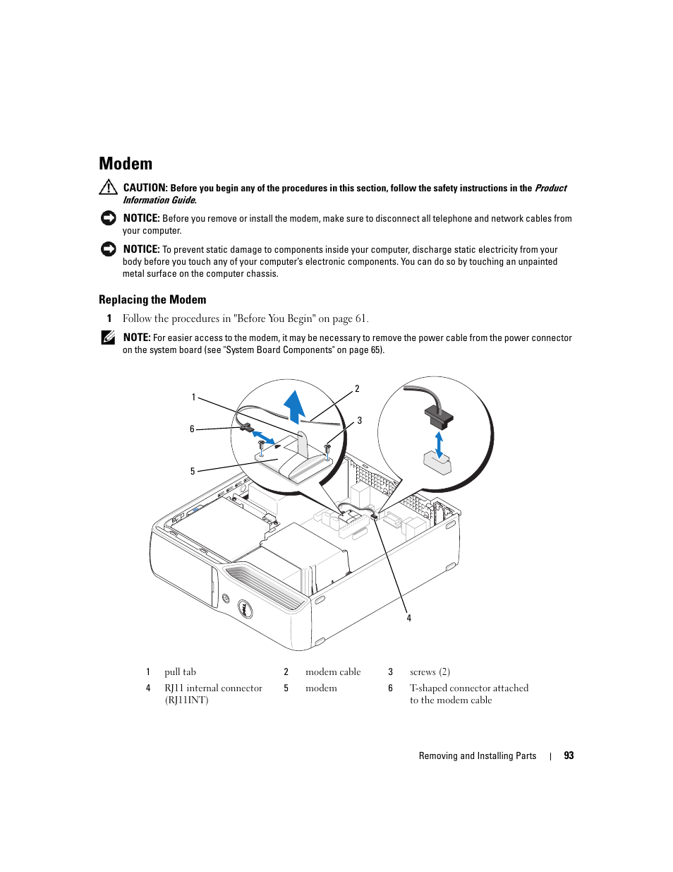 Modem, Replacing the modem | Dell XPS 210 User Manual | Page 93 / 136