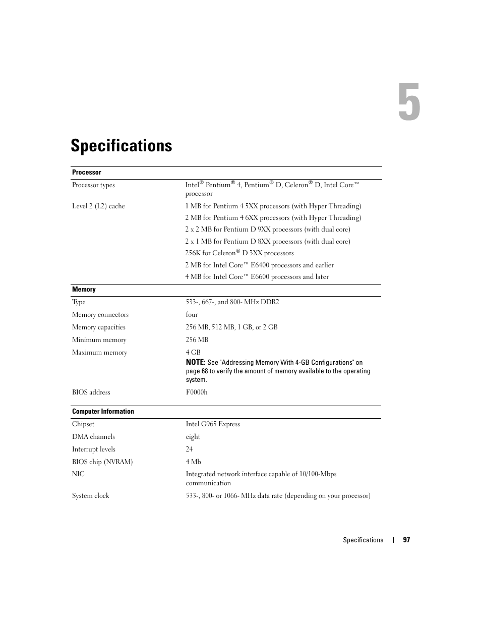 Specifications | Dell XPS 210 User Manual | Page 97 / 136