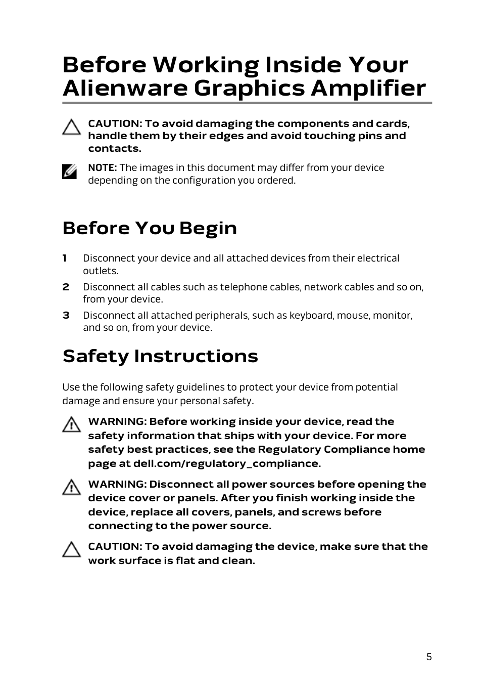 Before you begin, Safety instructions, Before working inside your alienware graphics | Amplifier | Dell Alienware 13 (Late 2014) User Manual | Page 5 / 36