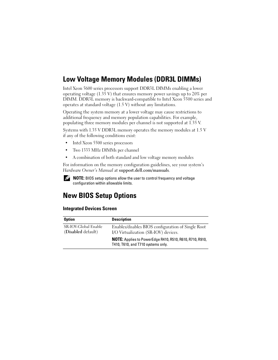 Low voltage memory modules (ddr3l dimms), New bios setup options, Integrated devices screen | Dell PowerEdge T610 User Manual | Page 2 / 38
