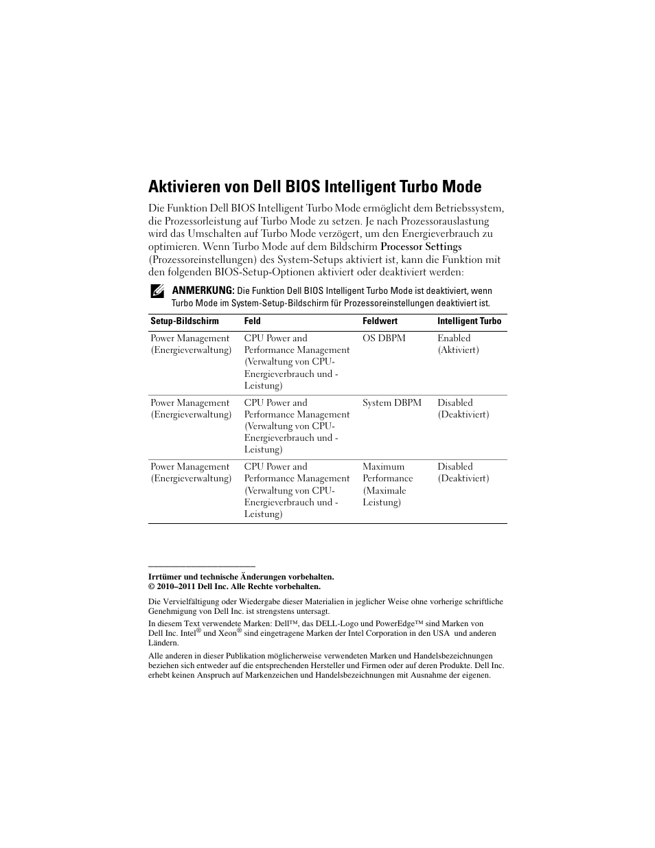 Aktivieren von dell bios intelligent turbo mode | Dell PowerEdge T610 User Manual | Page 22 / 38