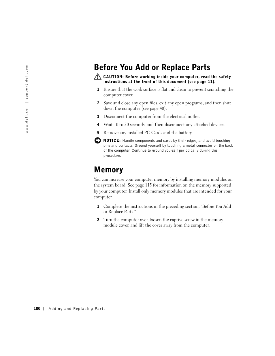 Before you add or replace parts, Memory, Before you add or replace parts memory | Dell Inspiron 1100 User Manual | Page 100 / 164