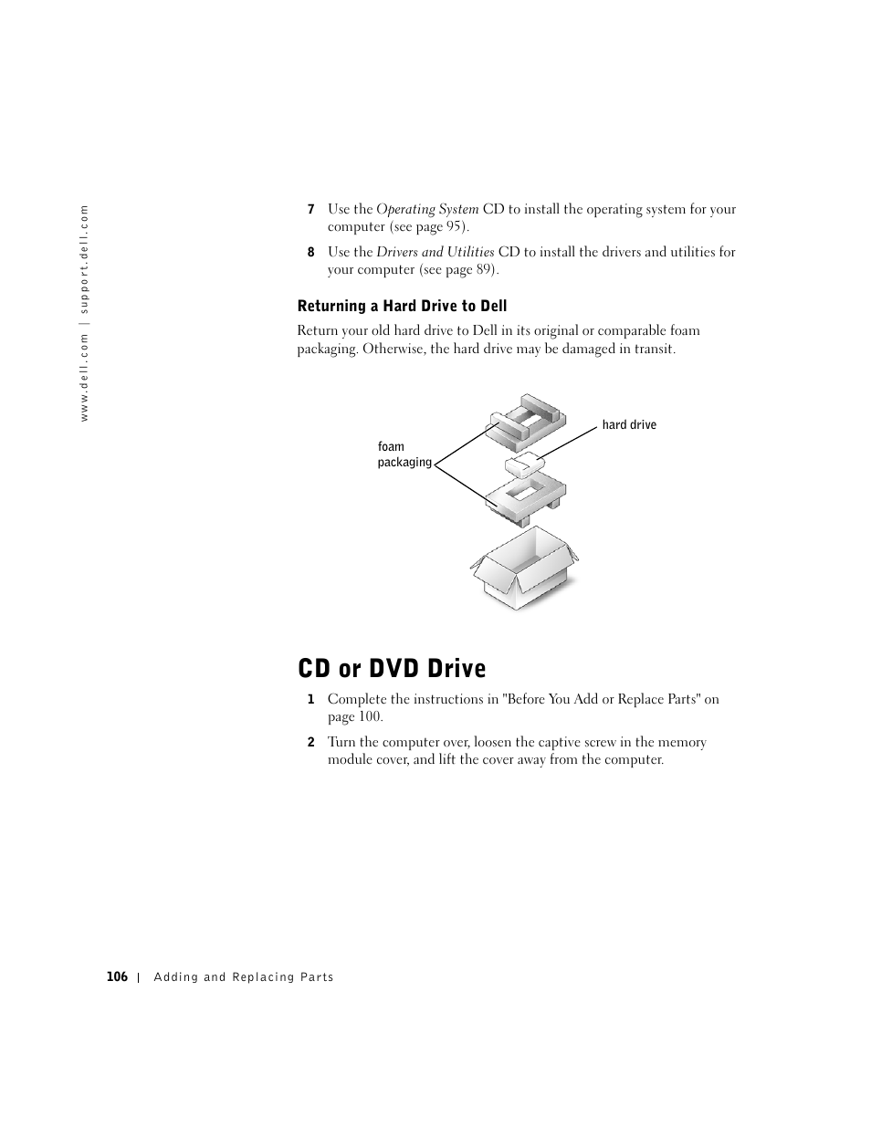 Returning a hard drive to dell, Cd or dvd drive | Dell Inspiron 1100 User Manual | Page 106 / 164