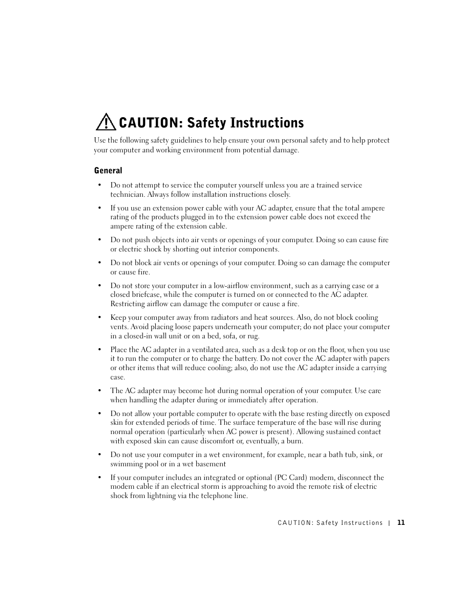 Caution: safety instructions, General | Dell Inspiron 1100 User Manual | Page 11 / 164