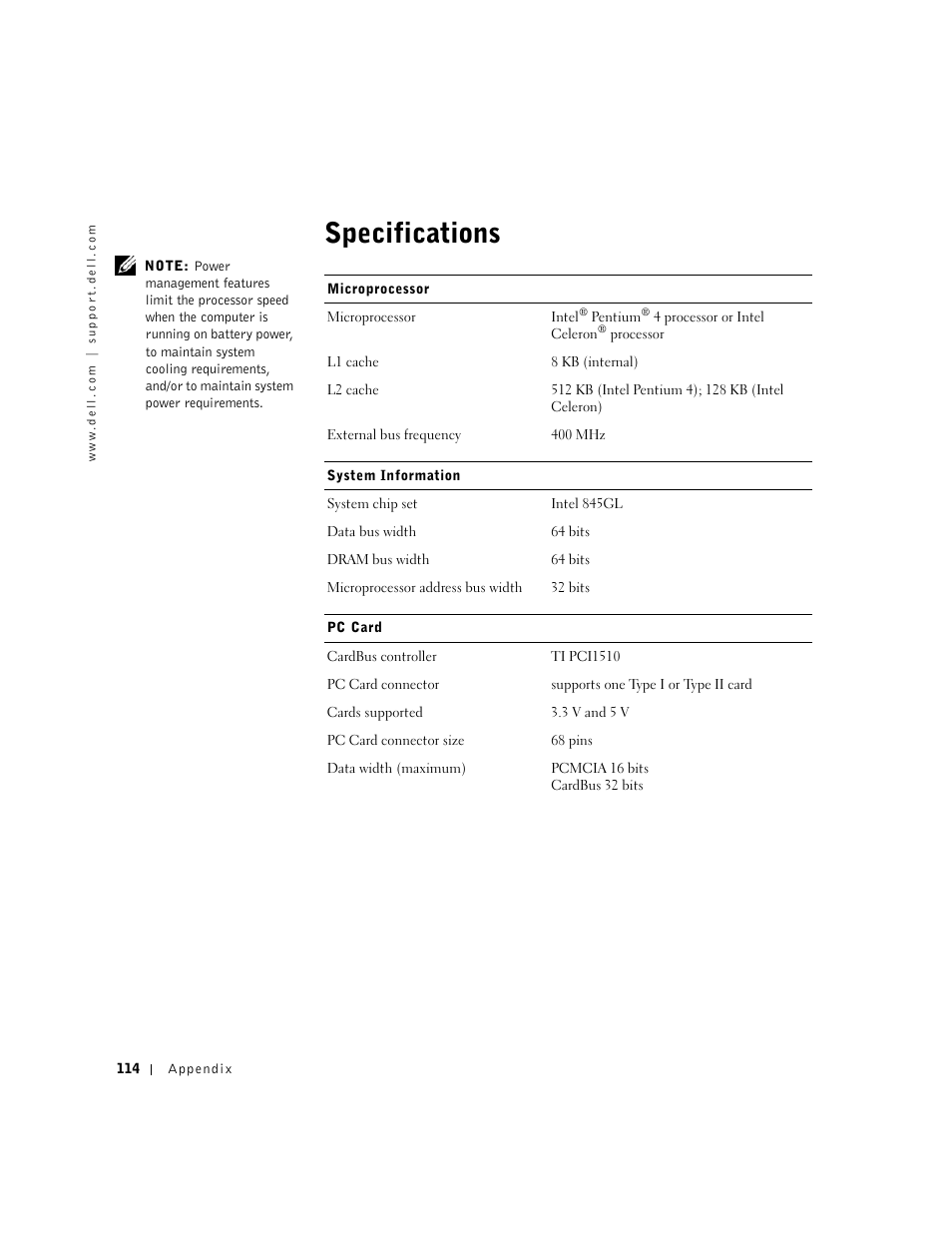 Specifications | Dell Inspiron 1100 User Manual | Page 114 / 164