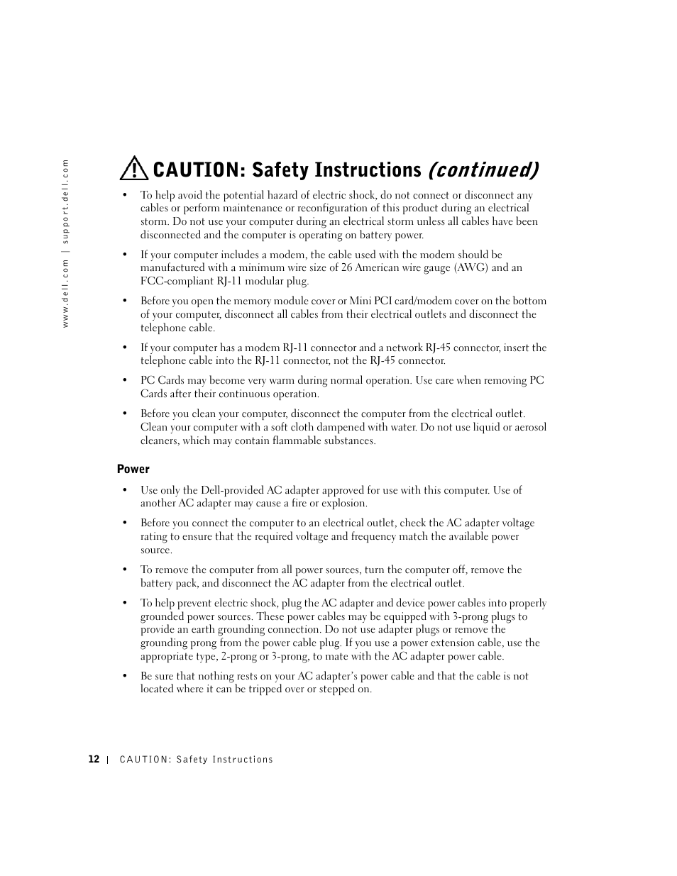 Power, Continued), Caution: safety instructions | Dell Inspiron 1100 User Manual | Page 12 / 164