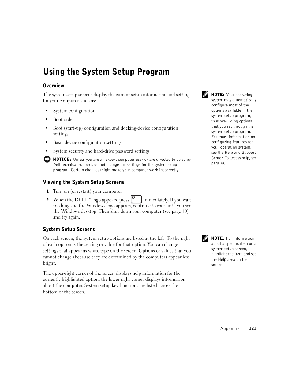 Using the system setup program, Overview, Viewing the system setup screens | System setup screens | Dell Inspiron 1100 User Manual | Page 121 / 164