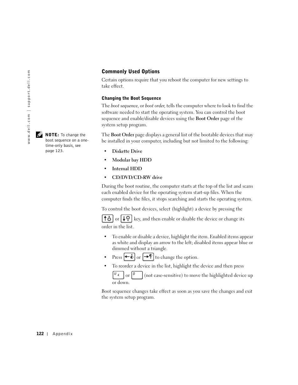 Commonly used options | Dell Inspiron 1100 User Manual | Page 122 / 164