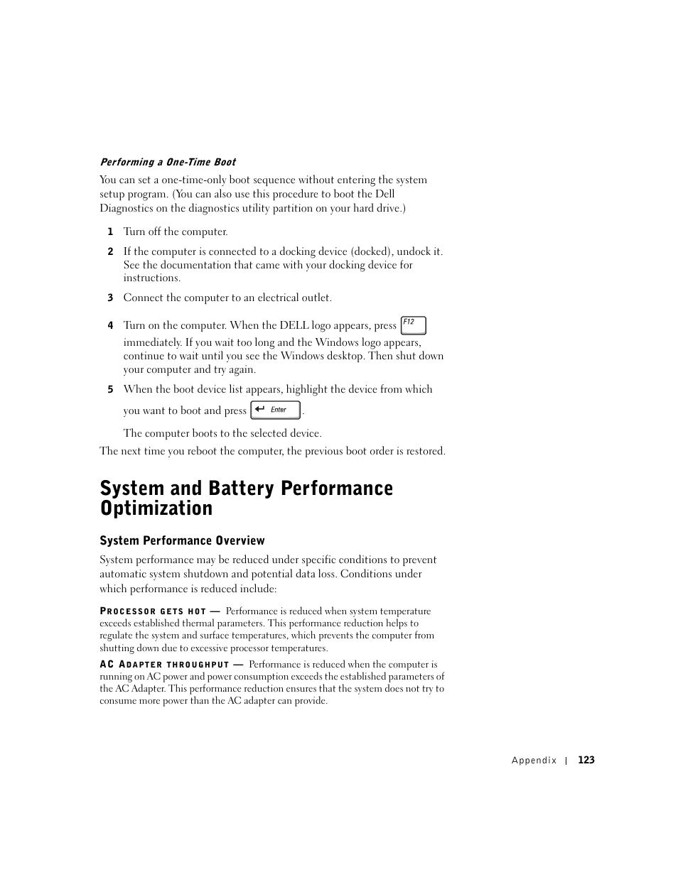 System and battery performance optimization, System performance overview | Dell Inspiron 1100 User Manual | Page 123 / 164