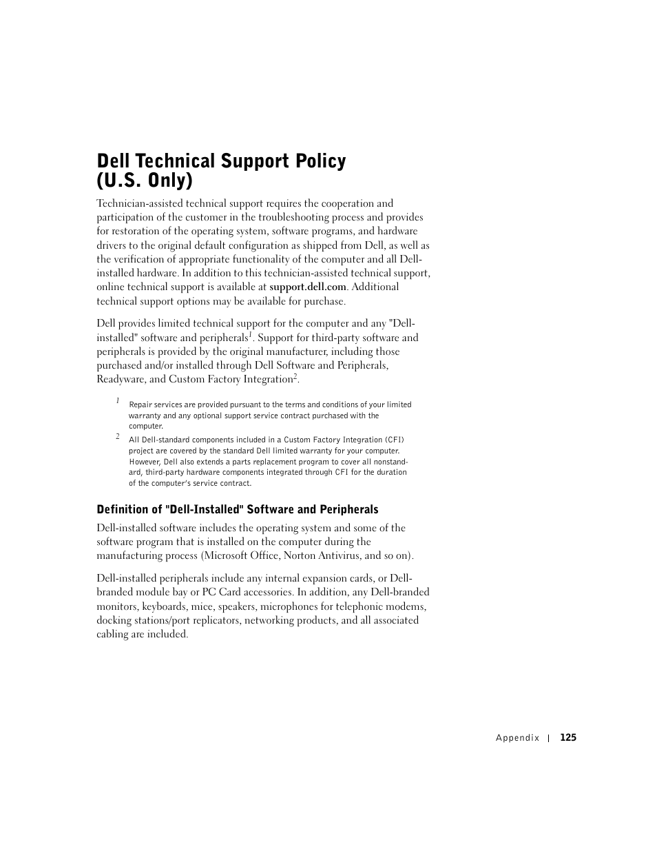 Dell technical support policy (u.s.only), Dell technical support policy (u.s. only), Tions. see "dell | Dell technical | Dell Inspiron 1100 User Manual | Page 125 / 164