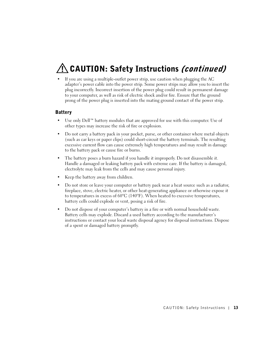 Battery, Continued), Caution: safety instructions | Dell Inspiron 1100 User Manual | Page 13 / 164