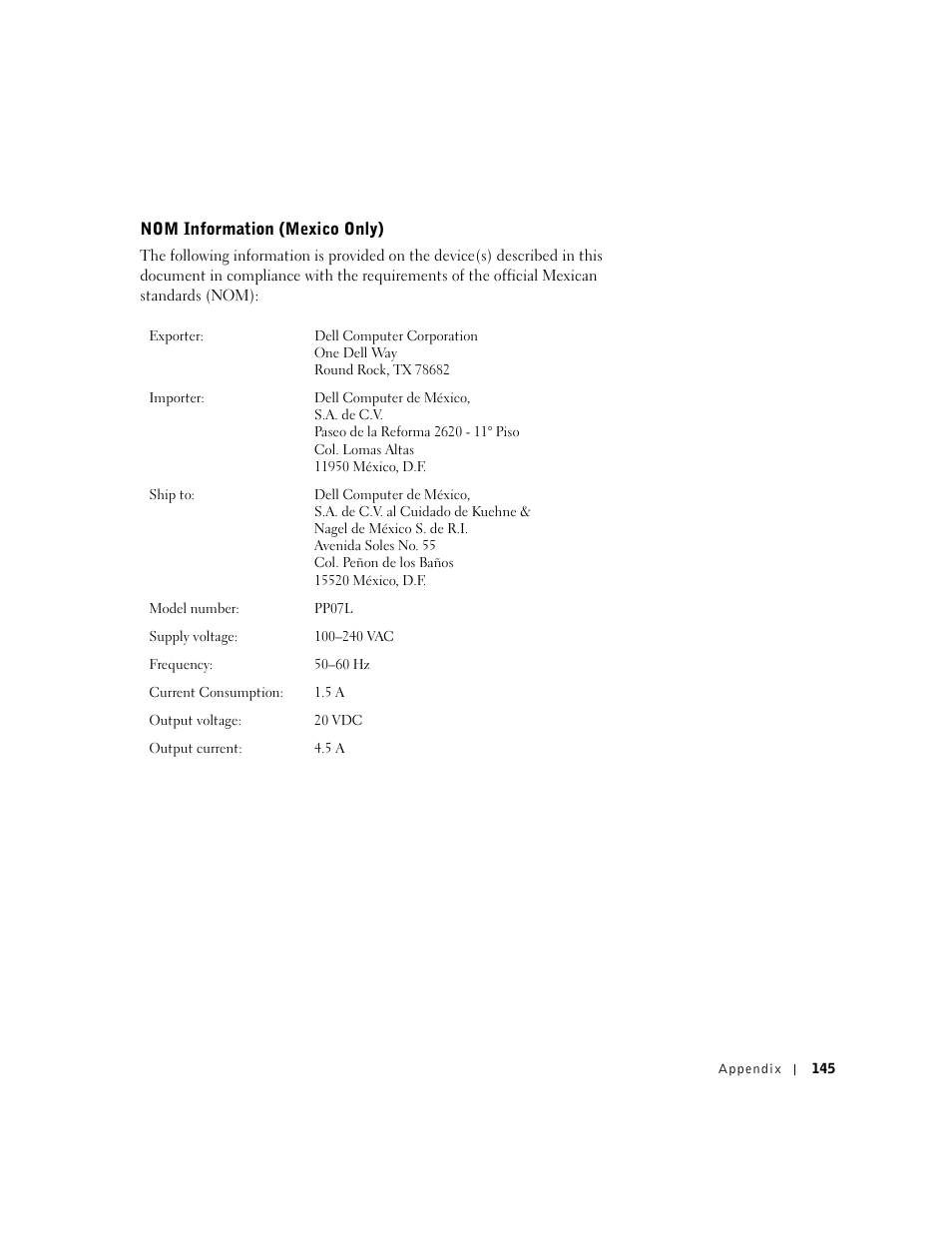 Nom information (mexico only) | Dell Inspiron 1100 User Manual | Page 145 / 164