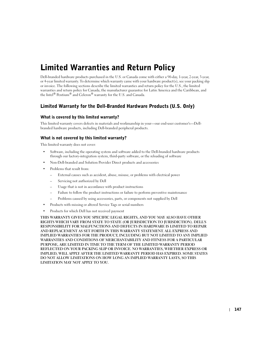 Limited warranties and return policy, E "limited | Dell Inspiron 1100 User Manual | Page 147 / 164