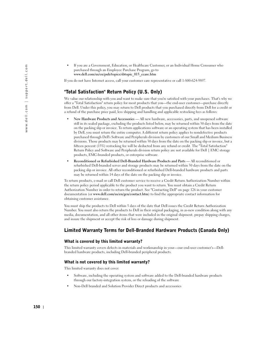 Total satisfaction" return policy (u.s. only) | Dell Inspiron 1100 User Manual | Page 150 / 164