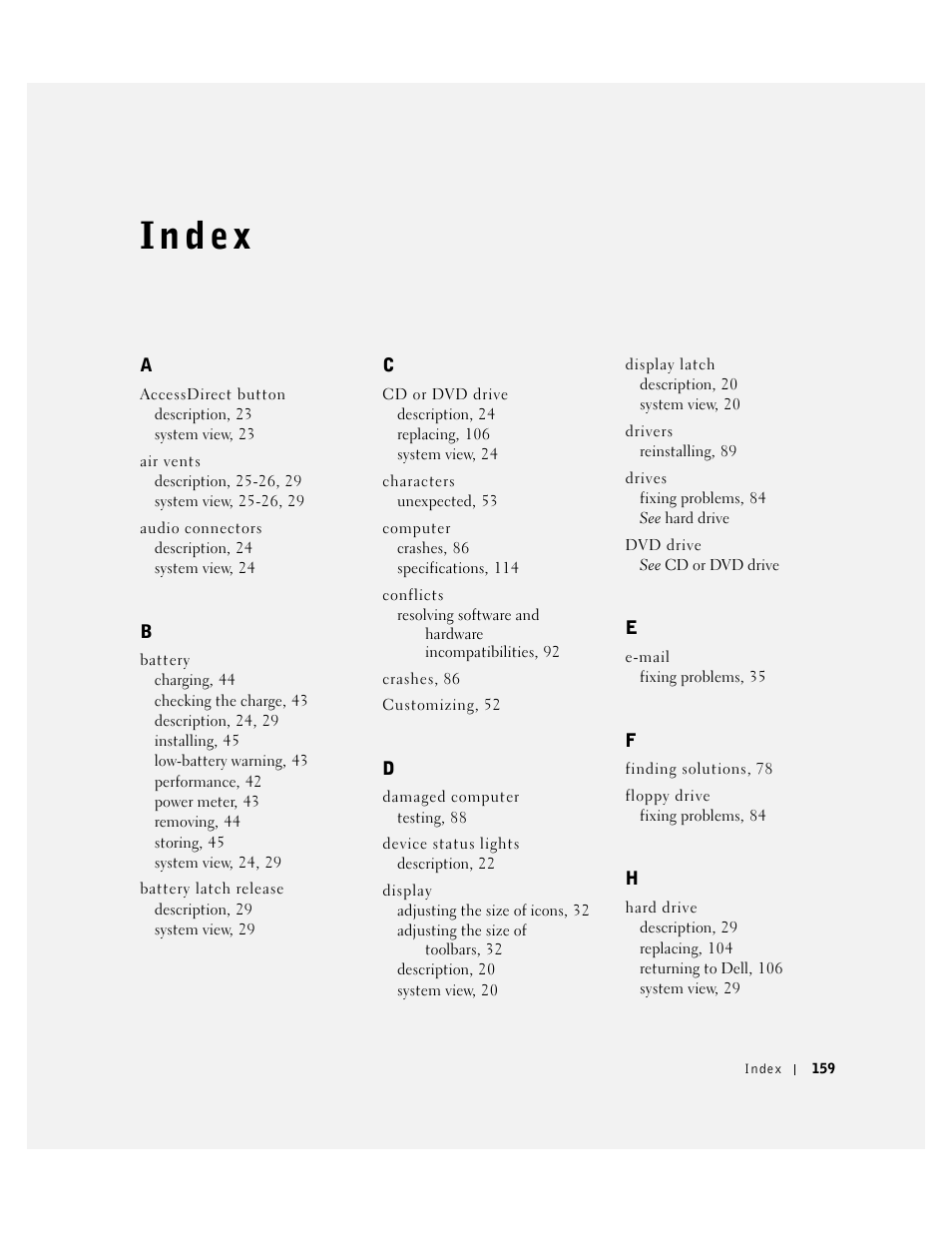 I n d ex | Dell Inspiron 1100 User Manual | Page 159 / 164