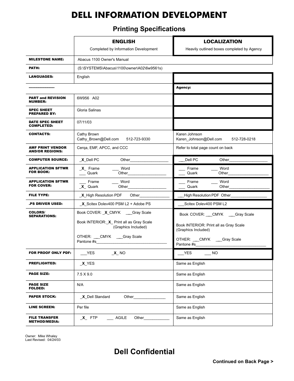 Dell information development, Dell confidential, Printing specifications | Dell Inspiron 1100 User Manual | Page 163 / 164