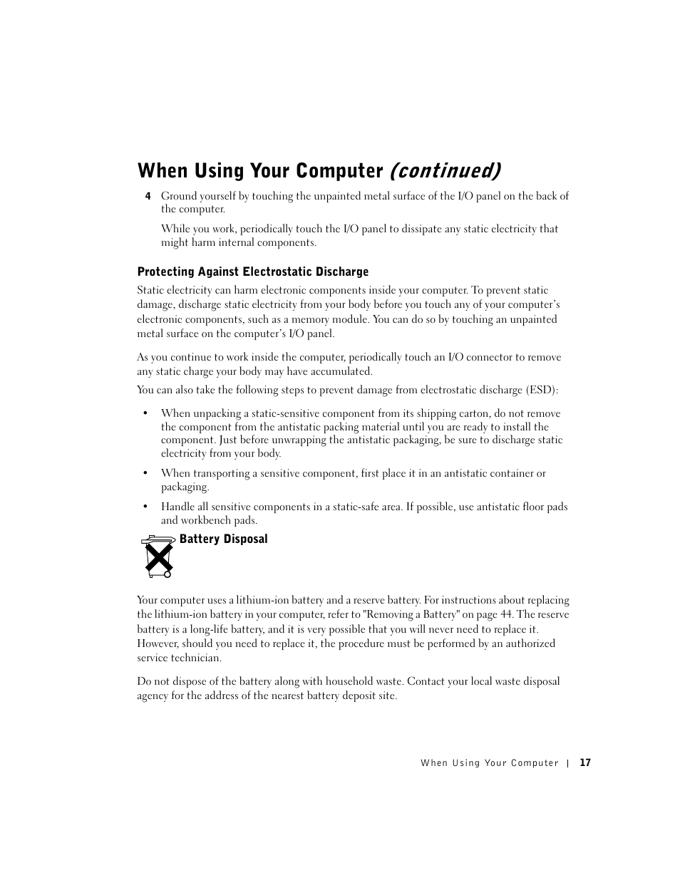 Protecting against electrostatic discharge, Battery disposal, Continued) | When using your computer | Dell Inspiron 1100 User Manual | Page 17 / 164