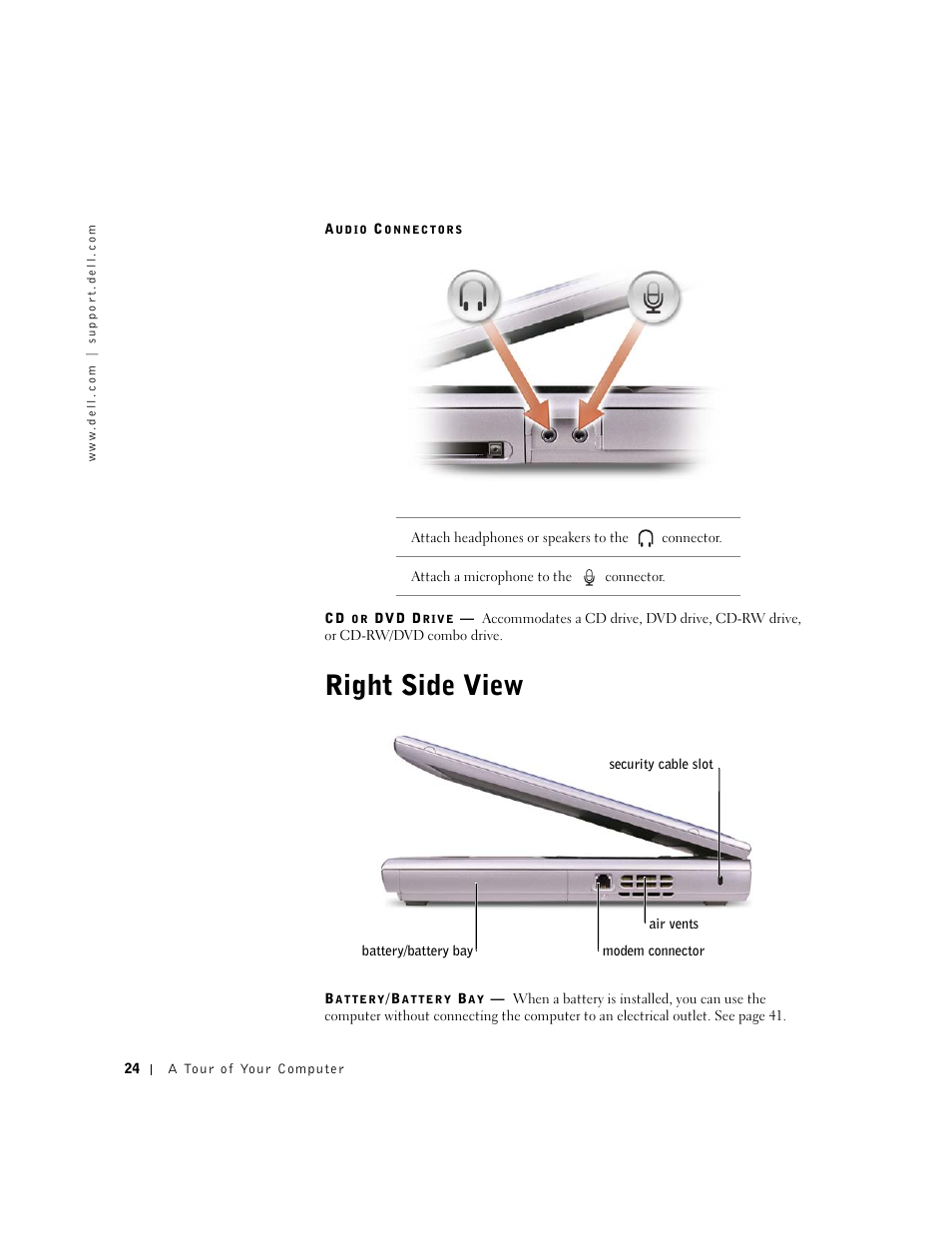 Right side view | Dell Inspiron 1100 User Manual | Page 24 / 164