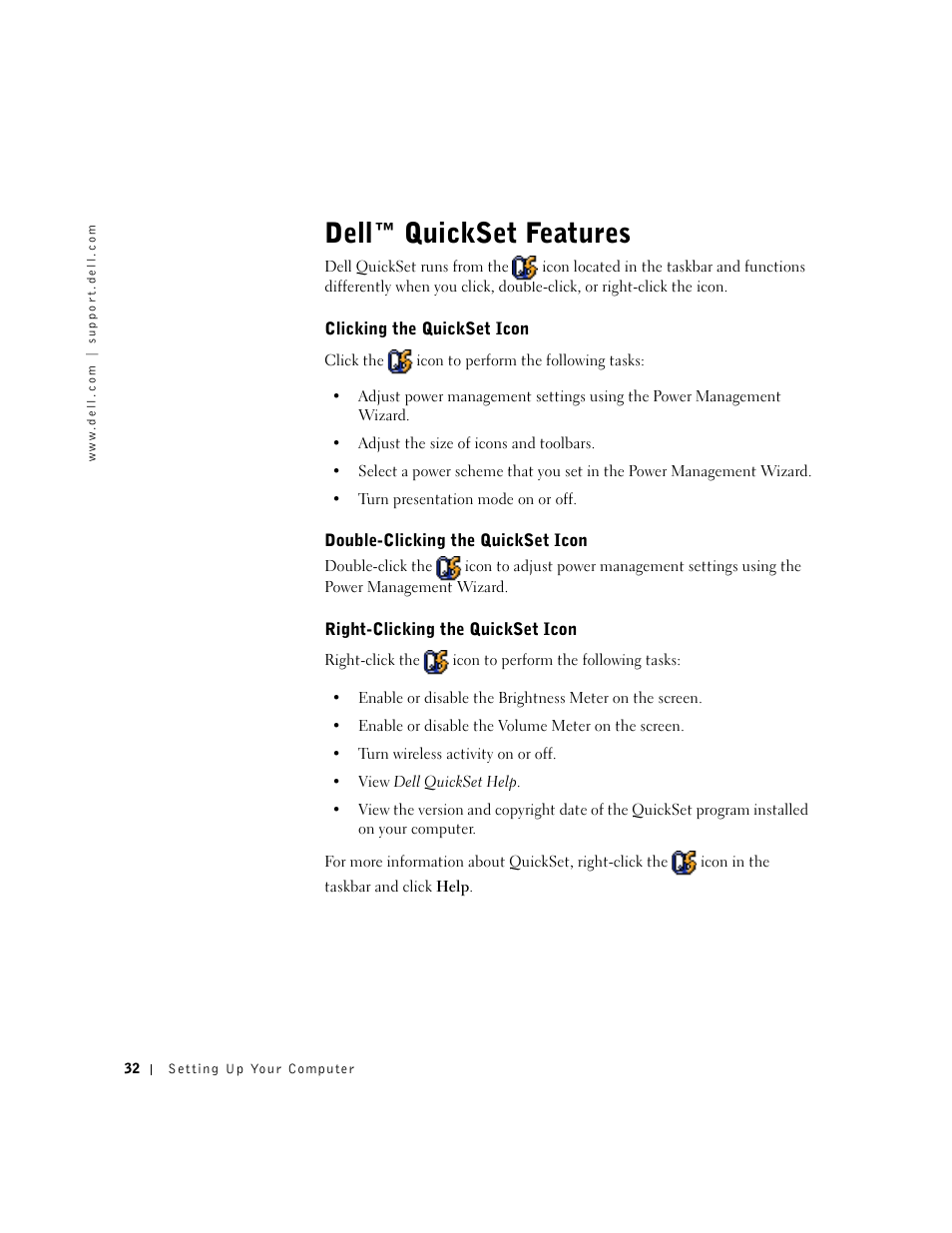 Dell™ quickset features, Clicking the quickset icon, Double-clicking the quickset icon | Right-clicking the quickset icon | Dell Inspiron 1100 User Manual | Page 32 / 164