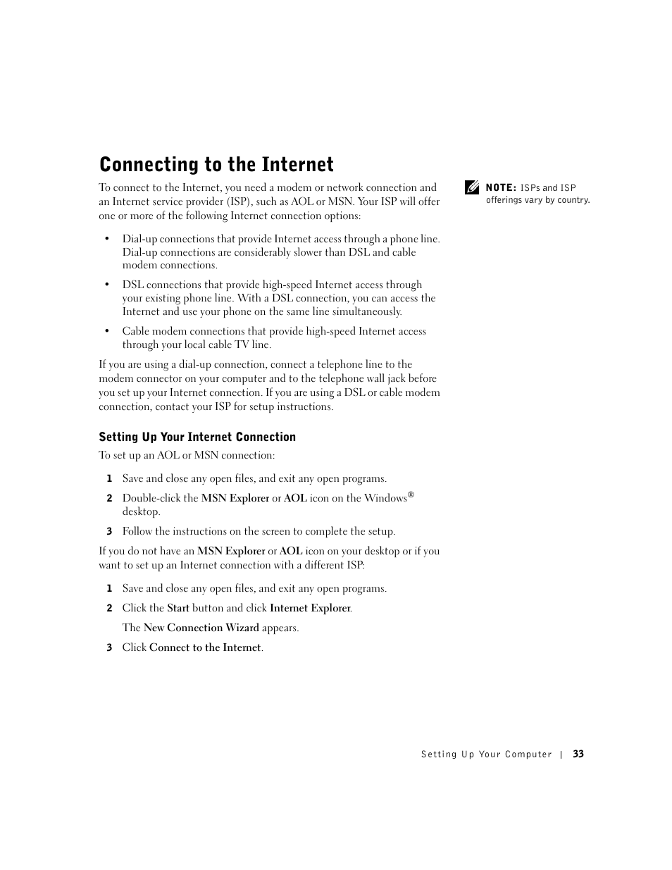 Connecting to the internet, Setting up your internet connection | Dell Inspiron 1100 User Manual | Page 33 / 164