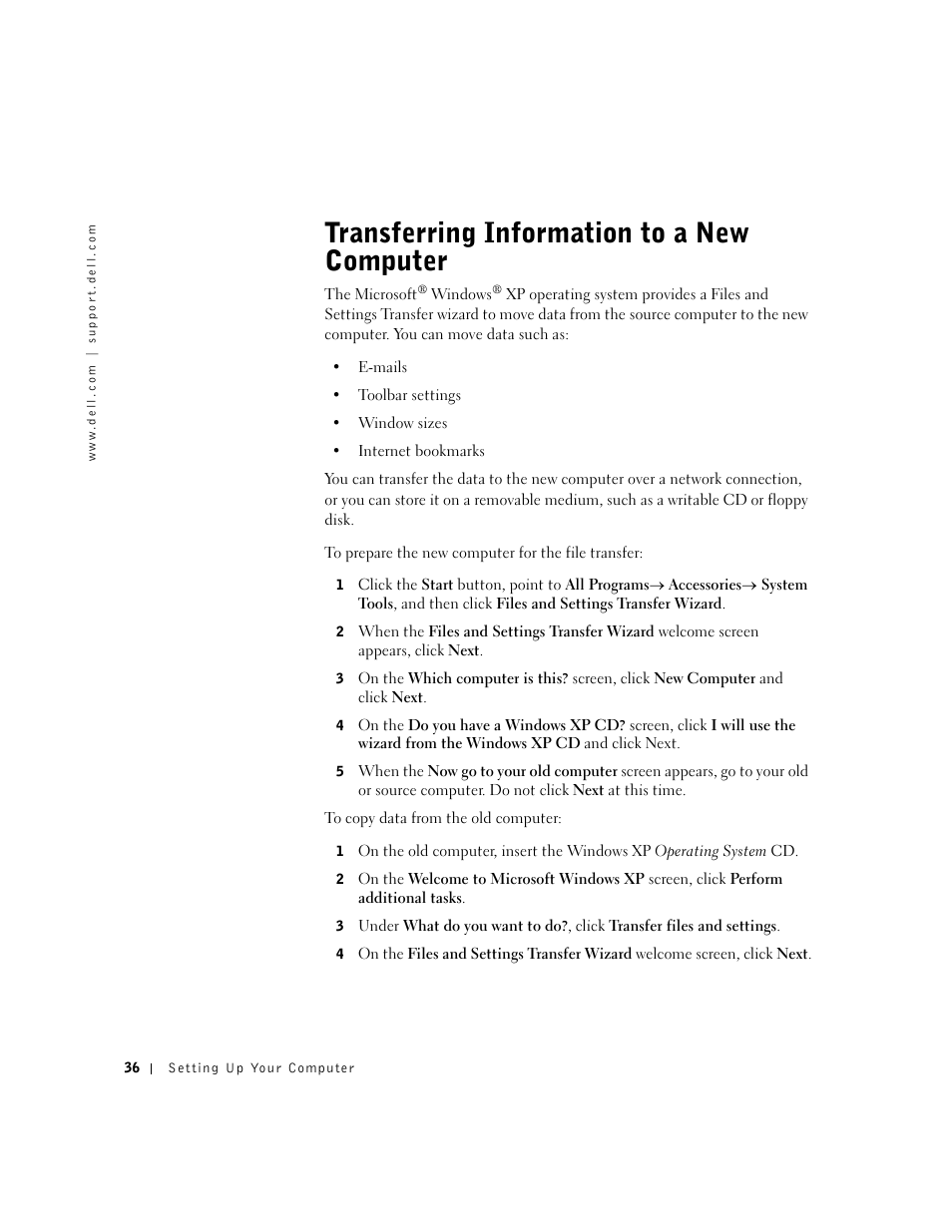 Transferring information to a new computer | Dell Inspiron 1100 User Manual | Page 36 / 164